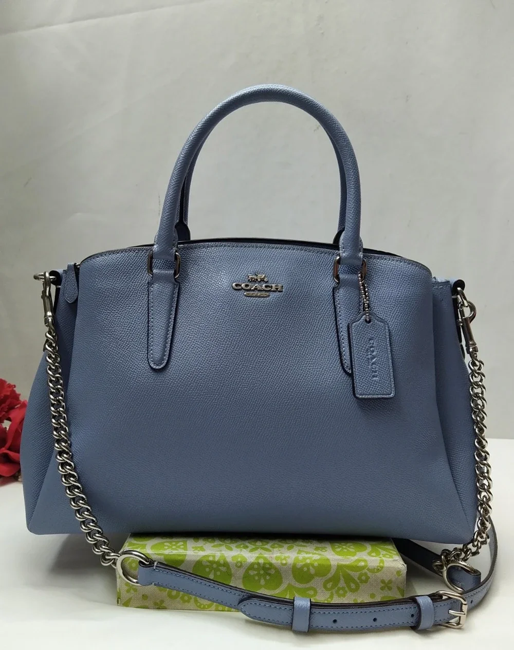 Coach Blue Leather Double Handles Chain Strap Satchel Bag